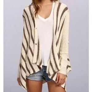 Free People Striped Cream & Brown Open Front Knit Sweater Cardigan Womens Size S